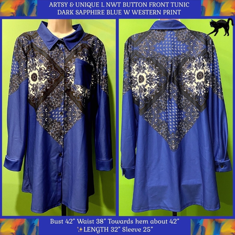 ARTSY & UNIQUE L NWT BUTTON FRONT  TUNIC DARK SAPPHIRE BLUE W WESTERN PRINT